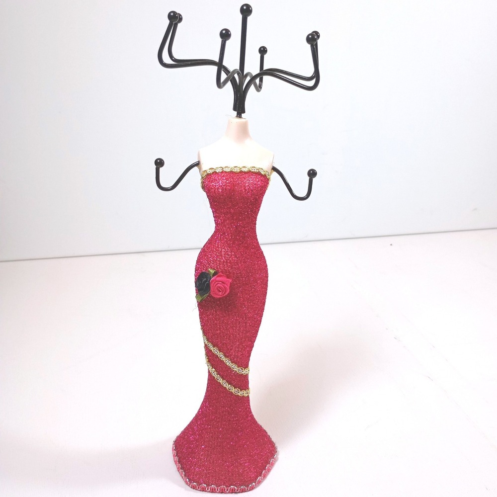 Vintage Pink Dress Mannequin Jewelry Stand Organizer Glitter Gown Bust Display